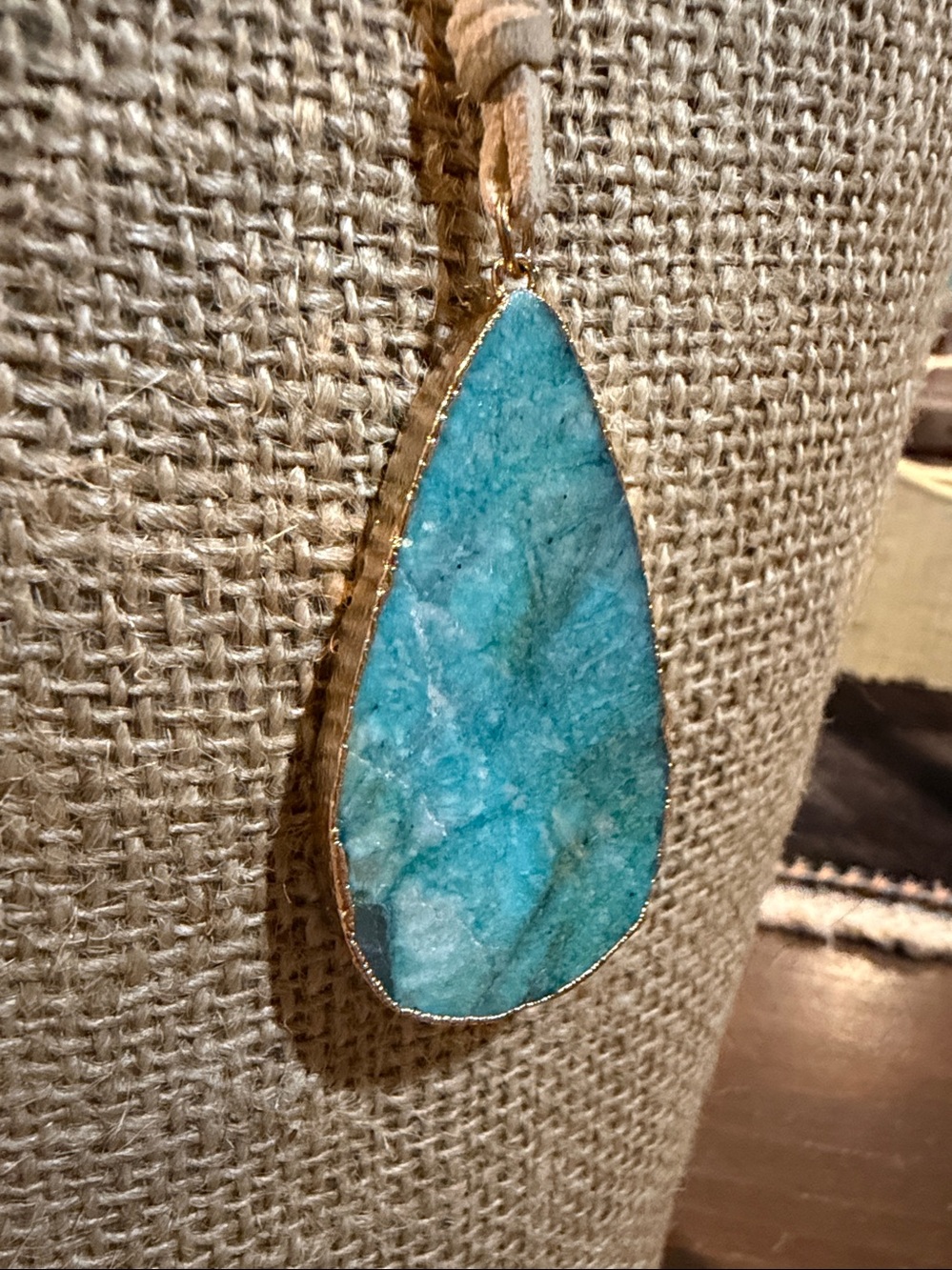 Gold-Trim Amazonite Turquoise Teardrop Pendant Necklace - Blue Semi-Precious